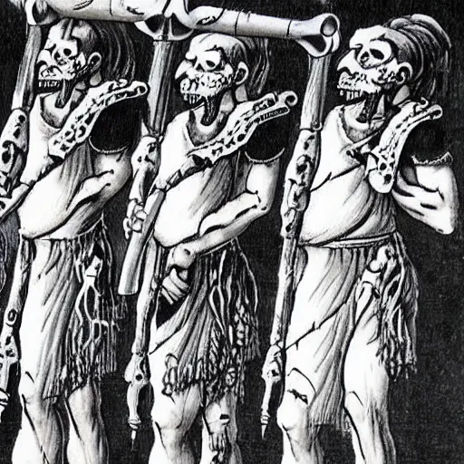 Prompt: War had three faces One to play its pipes of scrimshawed bone one to scream its dying battle cry and one that would not open its mouth for when it did blood and sodden soil flowed out like a waterfall, Those arms that did not play the pipes were gripping blades and guns and spears, while others raised their hands in futile supplication of mercy, and one in a crisp salute. It wore a tattered coat of wool, olive green where it was not stained black, and beneath, nothing could be seen but a body beaten slashed and shot until nothing remained but the wounds themselves, horror, digital art, intricate, cinematic lighting, highly detailed, digital painting, artstation, concept art, smooth, sharp focus, illustration, art by Artgerm and Greg Rutkowski and Alphonse Mucha, masterpiece