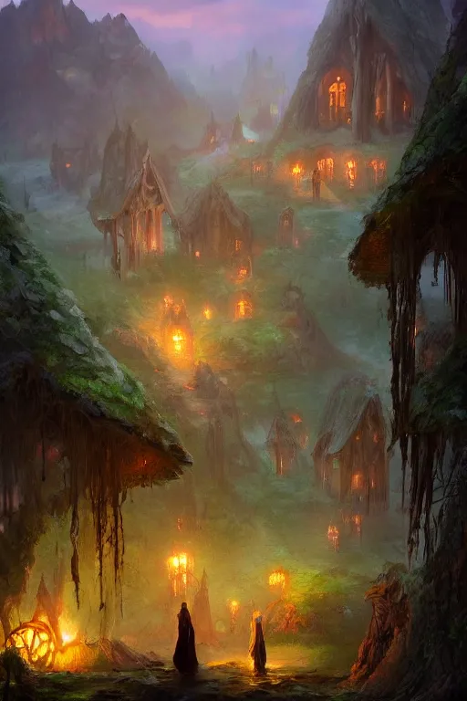 Prompt: oil painting of fantasy elven village inspired by lord of the rings by marc simonetti, mood lighting, trending on artstation