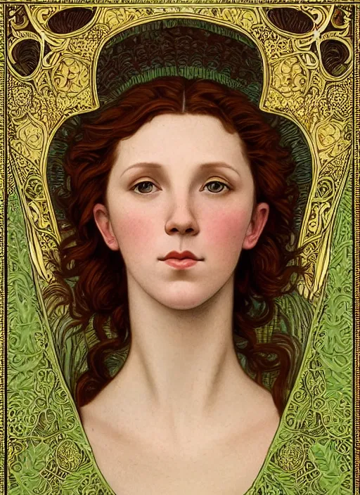 Prompt: intricate art nouveau portrait oil painting of redheaded young millie bobby brown with long hair blowing in the wind, wearing an intricate green lace dress, highly detailed, intricate golden symmetric pattern background, elegant, digital painting, smooth, sharp focus, illustration, ultra realistic, 8 k, by bouguereau, alphonse mucha, artgerm, and donato giancola