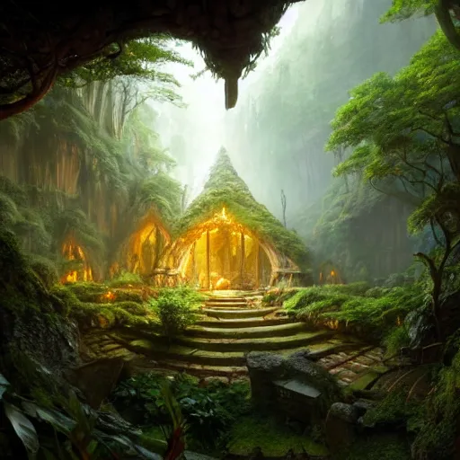 Image similar to worm's eye view of a elven headquarters carved inside a mountain above a lush garden, neat and tidy, magical, natural light, fantasy, sharp focus, concept art, by greg rutkowski and craig mullins, cozy atmospheric