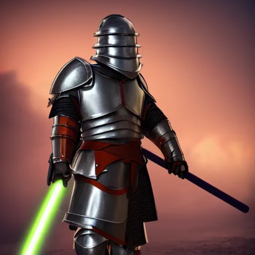 Prompt: medieval armored knight holding a lightsaber, unreal engine render, rendered in octane, symmetric character concept art, cinematic lighting, 4k render, trending on art station