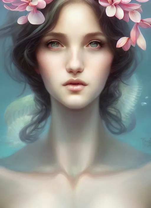 Image similar to character art of a goddess of magnolias as windy dusty underwater angelic young female | | seductive - fine - face, pretty face, key visual, realistic shaded perfect face, fine details by artgerm, wlop, tom bagshaw, james jean, andrei riabovitchev, marc simonetti, trending on artstation