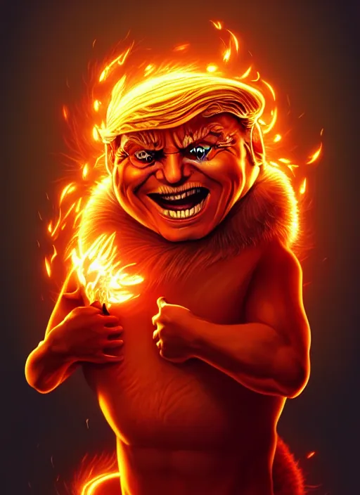 Image similar to donald trump bald and smiling, style artgerm, joshua middleton, illustration, anthropomorphic hamster steampunk half - cyborg, red fur, swirling fire flames cosmos, fantasy, dnd, cinematic lighting