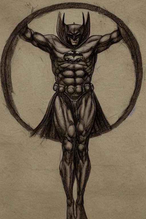 Prompt: vitruvian batman by leonardo da vinci, pencil sketch, sepia background, detailed, proportional, trending on art station, 4k
