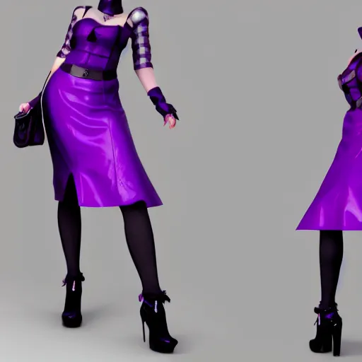 Image similar to curvy feminine hot goth cutie with sublime elegant purple-grey leather dress, checkered, cgsociety, photorealistic, seductive ambience, idealistic, 16k, smooth, sharp focus, trending on ArtStation, volumetric lighting, fully clothed, worksafe