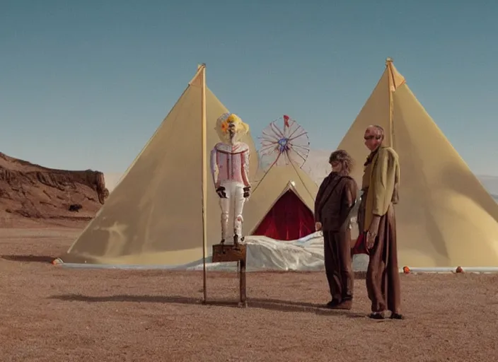 Prompt: still from a feature film by matthew barney, alejandro jodorowsky and wes anderson : : retro futurism, pagan occultism, sideshow circus : : anamorphic lens, kodakchrome : : 8 k