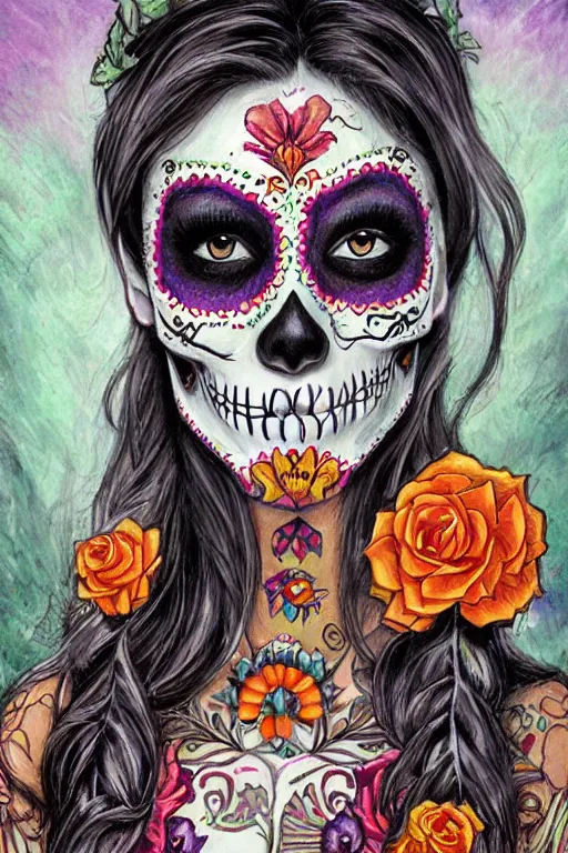 Prompt: illustration of a sugar skull day of the dead girl, art by james gurney