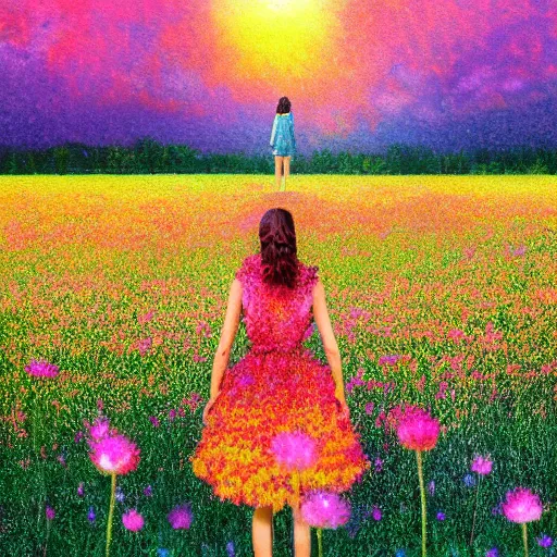 Image similar to exploding flower afro, full body, girl standing in the middle of a field with flowers, surreal photography, hills, sunrise dramatic light, impressionist painting, colorful clouds, digital painting, pointillism, artstation, simon stalenhag