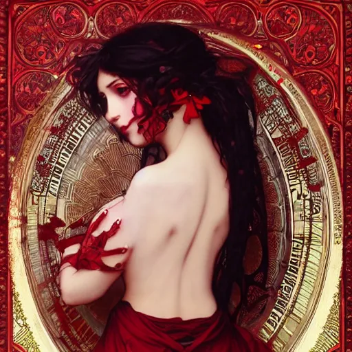 Image similar to goth girl wearing dress covered in red paint, intricate, art by artgerm and greg rutkowski and alphonse mucha and william - adolphe bouguereau, high detailed, 4 k,