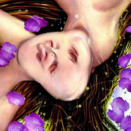 Prompt: epic portrait of a girls face laying in water, surrounded by loose petals, beautiful, high detail, concept art, realistic