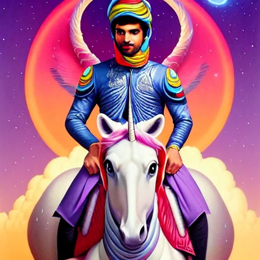 Image similar to portrait of himan riding an unicorn and, pixar style, by tristan eaton stanley artgerm and tom bagshaw.