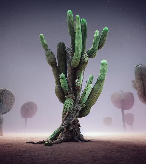 Prompt: surreal theory of tree of snakes, futuristic ancient tree in the desert, foggy sky, dark night, a little bit of patchy cactus, octane render, unreal engine, pale colors, high detail, 8 k, wide angle, trending on artstation, behance