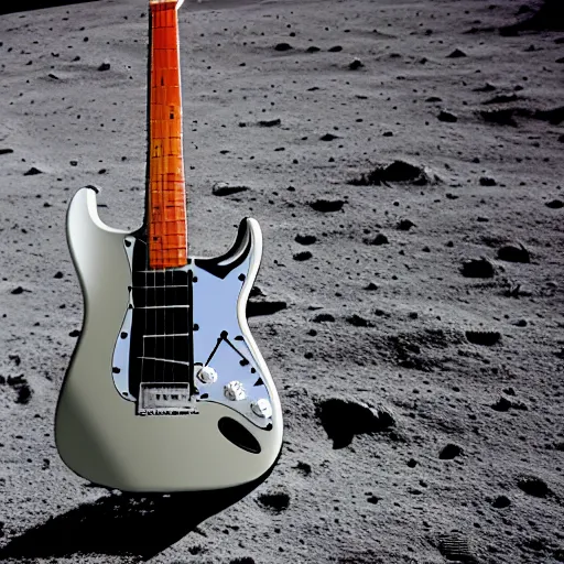 Image similar to a stratocaster electric guitar sitting idle on the moon. moon landing. detailed