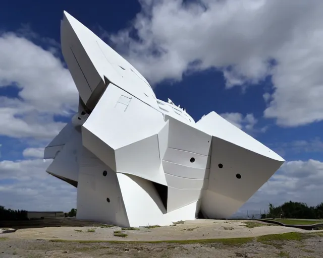 Prompt: photo of minimalist abstract cubist sculpture of curvy spaceship with random small mecha mayan decorations, covered with few large white airplane parts, gigantic size, blue and white