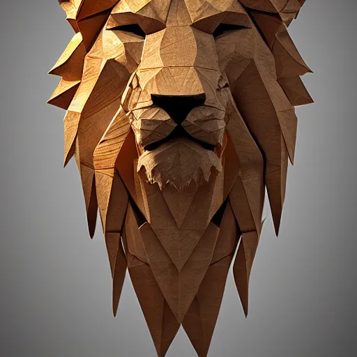 Image similar to origami lion made of wood, symmetrical, photorealistic, octane render, intricate, highly detailed