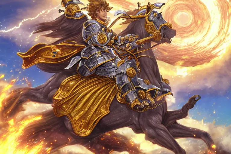 Image similar to an ultra detailed portrait of king richard the lionhearted as a shonen anime protagonist charging into battle wearing bright gold armor and riding a horse bless by god, 8 k, volumetric lighting, smooth, highly detailed, digital illustration, art by kentaro miura and akira toriyama and artgerm