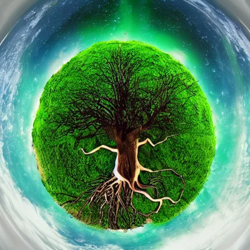 Image similar to godly tree of life seen from outer space engulfs the earth