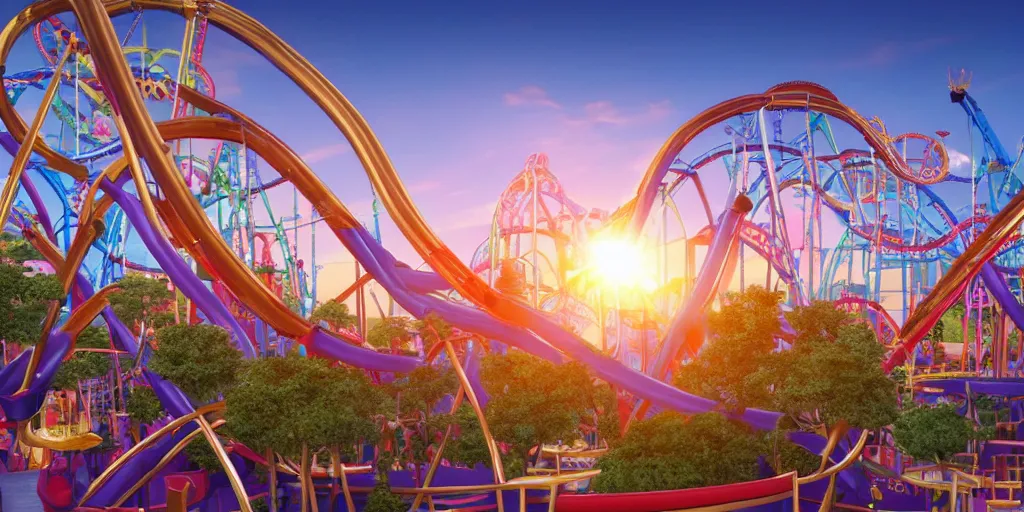 Prompt: nice view into lively theme park with many attractions, including roller coaster with 360 degree loop, sunset, volumetric lighting, beautiful, golden hour, sharp focus, highly detailed, cgsociety