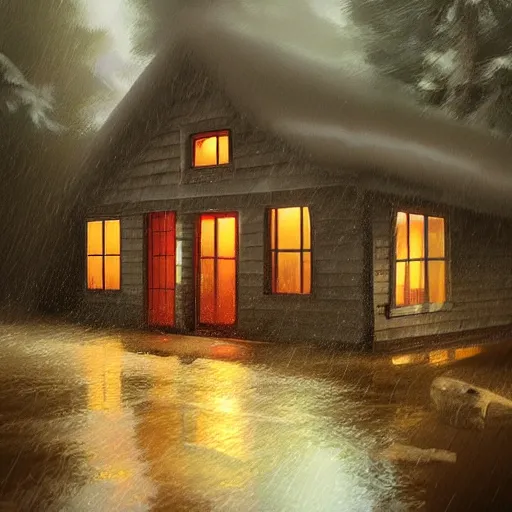 Image similar to torrential rain outside a cozy cabin window, digital art, artstation