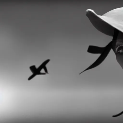 Image similar to 8 Flying hats, 8k UHD, Movie shot, black and white