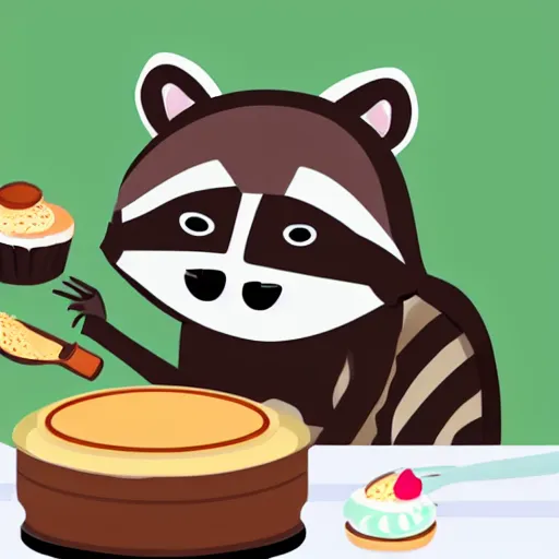 Image similar to an anthropomorphized raccoon baking a cake