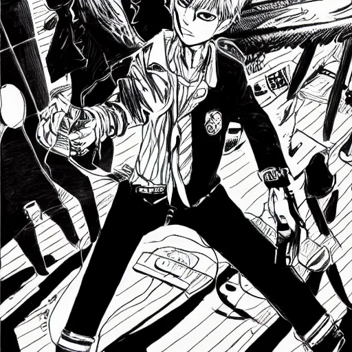 Image similar to a beautiful painting of chainsaw man manga panel by tatsuki fujimoto, detailed line art, chainsaw man manga