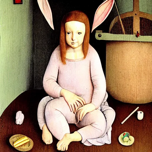 Image similar to little girl, bunny suit, artwork in hieronymus bosch art style, inspired in balthus, clean details, baby color palette, candy, anatomically proportional, hd