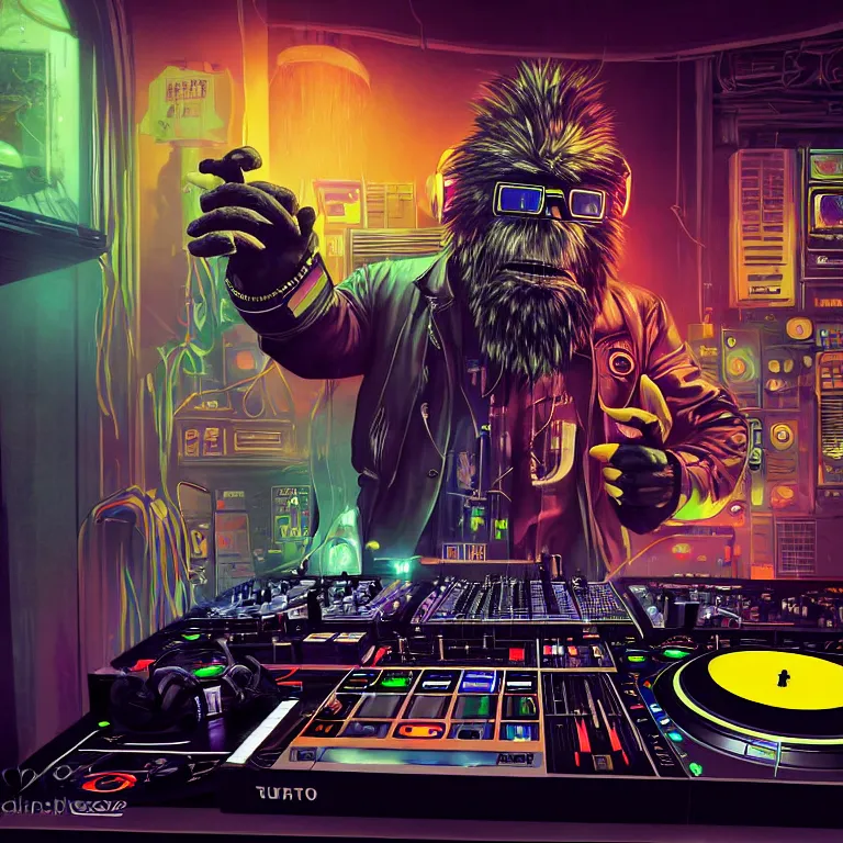 Image similar to a photograph portrait of an anthropomorphic cyberpunk bigfoot dj at the turntables spinning records, detailed render, tape deck, boombox, headphones, epic composition, cybernetics, 4 k realistic, cryengine, realistic shaded lighting, sharp focus, masterpiece, by matteo scalera, gary montalbano, peter elson in the style of the tokyo ghost comic