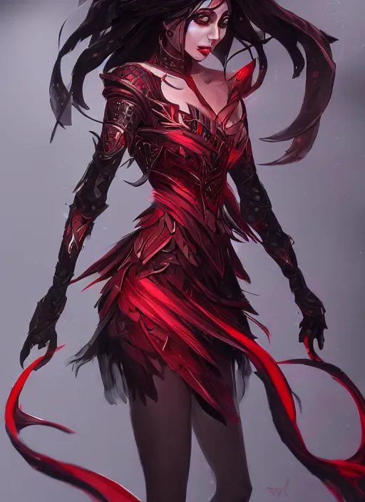 Image similar to a highly detailed illustration of beautiful black long hime cut hair woman wearing a red battle dress, red eyes, dramatic smile pose, intricate, elegant, highly detailed, centered, digital painting, artstation, concept art, smooth, sharp focus, league of legends concept art, WLOP