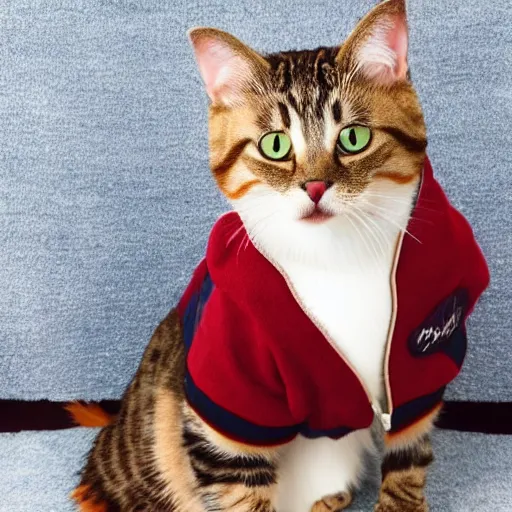 Prompt: cat wearing a letterman jacket