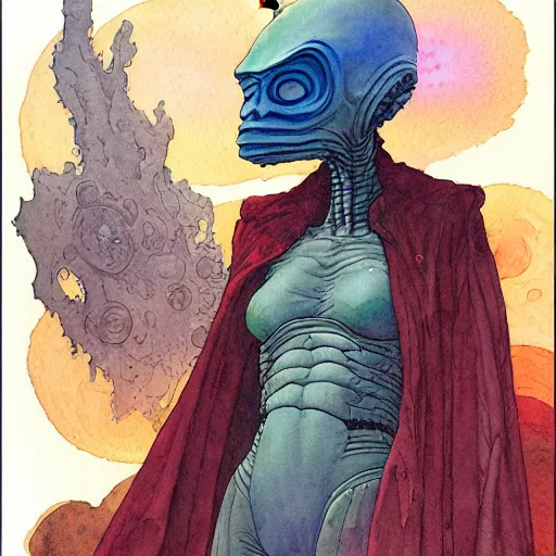 Prompt: a simple and atmospheric watercolour portrait of a pulp sci - fi alien, very muted colors, by rebecca guay, michael kaluta, charles vess and jean moebius giraud