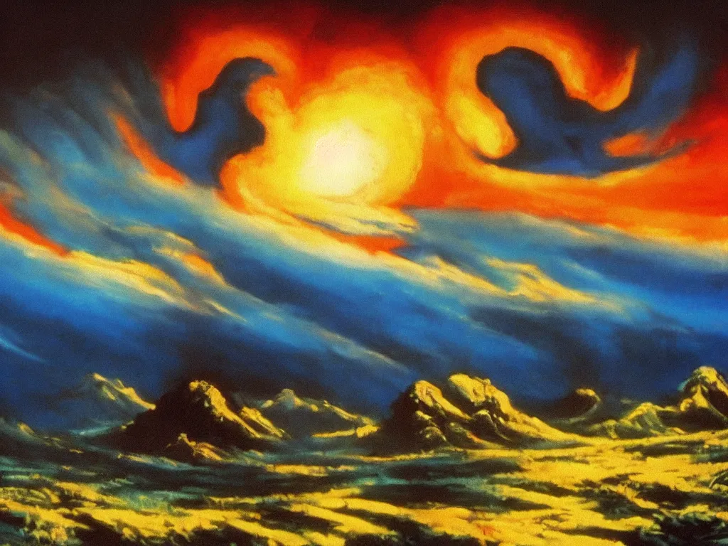 Image similar to bob ross painting of nuclear holocaust