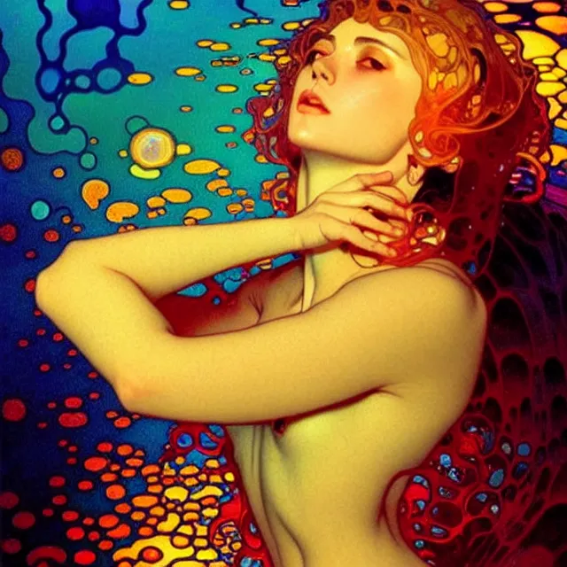 Image similar to mind bending sapphire ocean waves of glossy psychedelic liquid honey drops flowing like kaleidoscopic translucent amber, lsd waves, dmt ripples, crystal clear, backlit, sunset, refracted lighting, art by collier, albert aublet, krenz cushart, artem demura, alphonse mucha