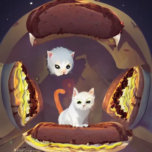 Prompt: scared cat attacked by the giant carnivorous sandwich, artstation hq, dark phantasy, stylized, symmetry, modeled lighting, detailed, expressive, created by hayao miyazaki