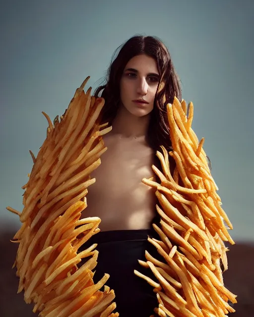 Image similar to hila klein, wearing an oufit made from french fries, modern fashion, half body shot, photo by greg rutkowski, female beauty, f / 2 0, symmetrical face, warm colors, depth of field