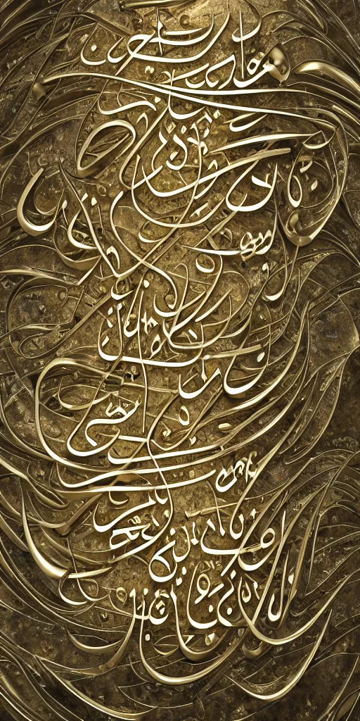 Prompt: a photorealistic render of a 3 d arabic calligraphy, made of liquid metal and marble, cinema 4 d, by zhelong xu, ernst haeckel and mouneer alshaarani, hyper realistic, plain background, 8 k, volumetric lightning, trending on artstation