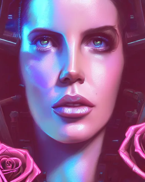 Image similar to portrait of lana del rey as a cyberpunk cyborg. sci - fi intricate abstract upper body intricate artwork, roses, rose petals by tooth wu, wlop, beeple, dan mumford. concept art, octane render, trending on artstation, greg rutkowski, asymmetrical, cinematic arthouse, key art, hyper realism, iridescent accents