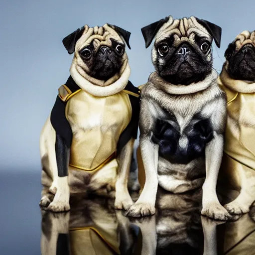 Prompt: pugs with armor, reflections, shiny, Excalibur,