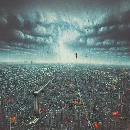 Image similar to “ looking down at a futuristic new york city below, ghostpunk, fog, storm clouds, rain, extremely detailed, by james jean ”