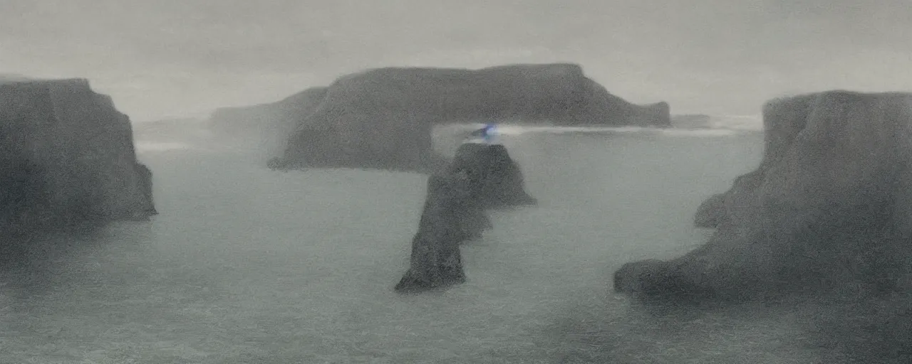 Image similar to misty black cliffs over steamy water by Fernand Khnopff, matte painting