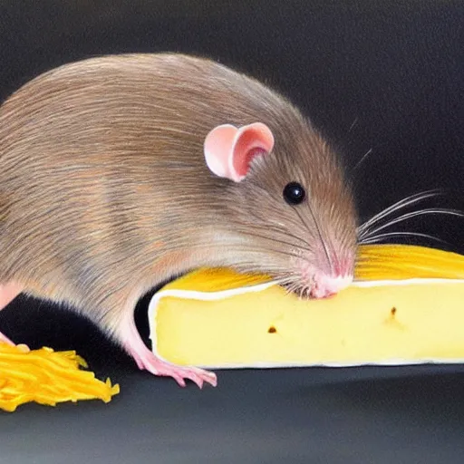 Prompt: realistic painting of a rat with cheese