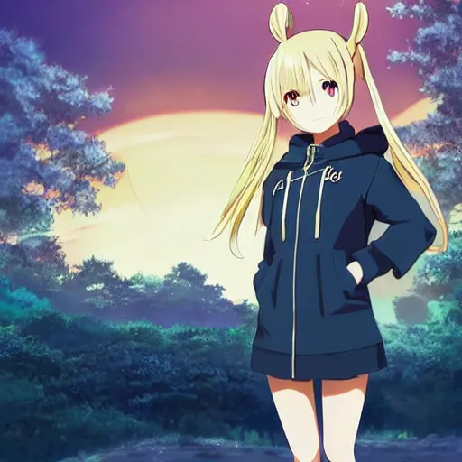 Image similar to Astonishing Pixiv 8K Splash art of an Anime Key Visual Pinterest loli with blond hair and cute pigtails who wears a blue coat with a hood and black shorts when practicing parkour through a big modern city in twilight from Unsplash. She does a superhero pose against a cinematic dark scene of an HDR sunset with faint orange light in Studio Ghibli style. Amazing piece Trending on Artstation and DeviantArt, dynamic lighting,