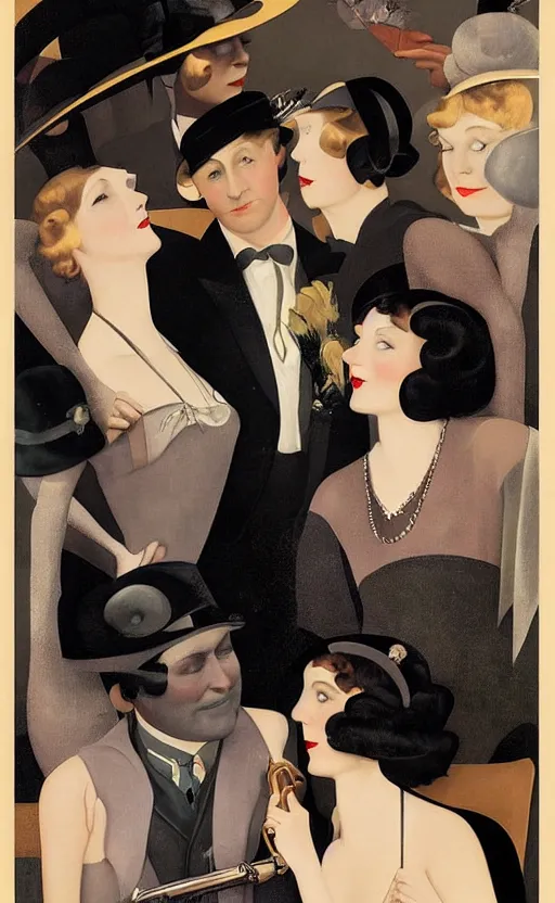 Prompt: a painting depicting Jazz Age high society people, 1920s style, smooth, highly detailed, high contrast, Coles Phillips, Dean Cornwell, JC Leyendecker, 8K