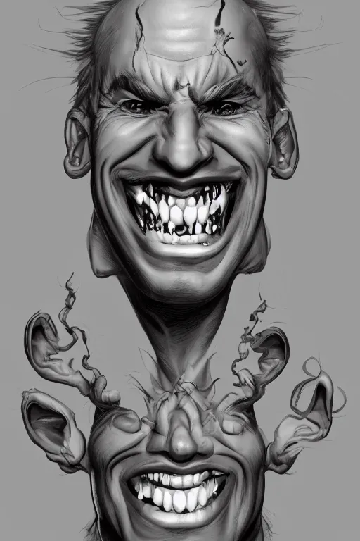 Prompt: digital portrait of a laughing psychotic man by rafa sandoval and shawn coss, centered, deviantart, artgerm