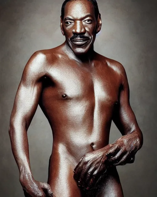 Prompt: actor Eddie Murphy in Elaborate Pan Satyr Goat Man Makeup and prosthetics designed by Rick Baker, Hyperreal, head shots in the style of Annie Leibovitz