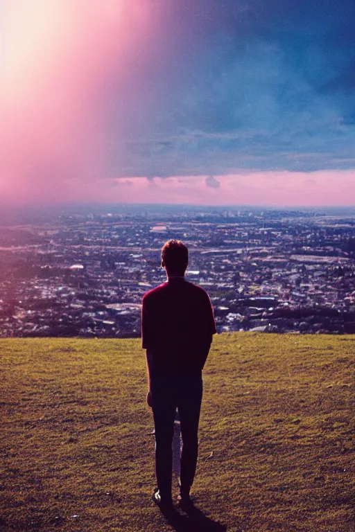 Prompt: agfa vista 4 0 0 photograph of a guy standing on top of a hill watching a city burn in the distance, back view, synth vibe, vaporwave colors, lens flare, moody lighting, moody vibe, telephoto, 9 0 s vibe, blurry background, grain, tranquil, calm, faded!,