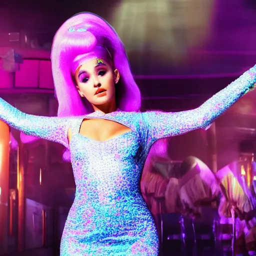 Image similar to cinematic movie still of ariana grande as a 1 9 7 0 s disco queen, 8 k hdr, action shot, movie still, hazy vibes, acid trip, fear and loathing