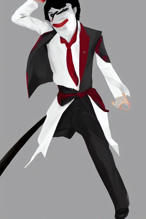 Prompt: man with black hair in a white suit and a red tie wielding a katana, concept art, 8 k, trending on deviant art.