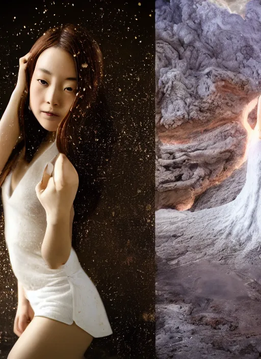 Prompt: Sony Alpha 1 Mirrorless Camera,, 8K, soft light, volumetric lighting, highly detailed, Kasumi Arimura style 3/4 ,portrait photo Kasumi Arimura teen princess, the face emerges from Kīlauea, thermal lava flowing down gold travertine terraces, inspired by Ophelia paint , a beautiful luxurious royal suit, intricate hair with highly detailed realistic beautiful flowers , Realistic, Refined, Highly Detailed, ethereal lighting colors scheme, outdoor fine art photography, Hyper realistic, photo realistic