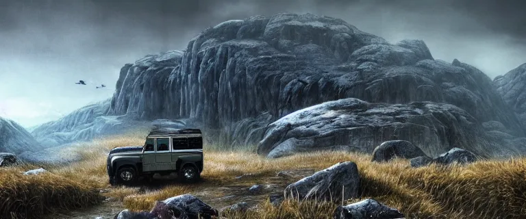 Image similar to Land Rover Defender 110 (1985), an epic fantasy, dramatic lighting, cinematic, establishing shot, extremely high detail, photorealistic, cinematic lighting, artstation, by simon stalenhag, The Elder Scrolls V: Skyrim, Whiterun Hold, Dragonsreach in the distance, Battle for Whiterun, Stormcloaks vs Imperials, Swarms of Stormcloaks and Imperials fighting eachother, Skyrim Civil War